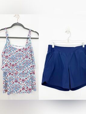 Lands End Floral Tankini + Short Set Medium Top 6 Short Blue